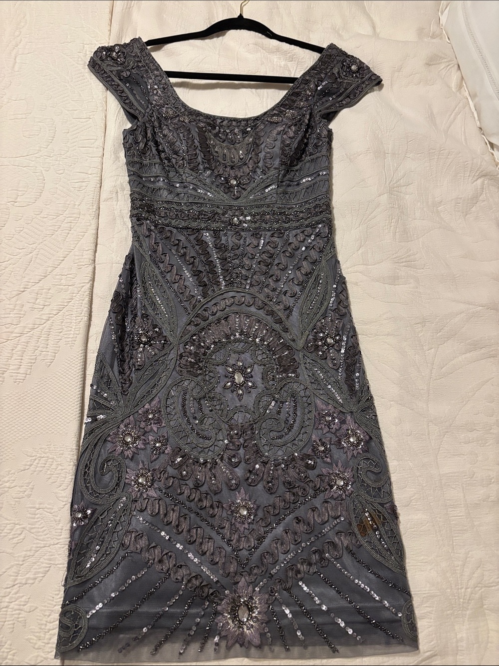 Sue Wong Gray Beaded Embellished Midi Dress